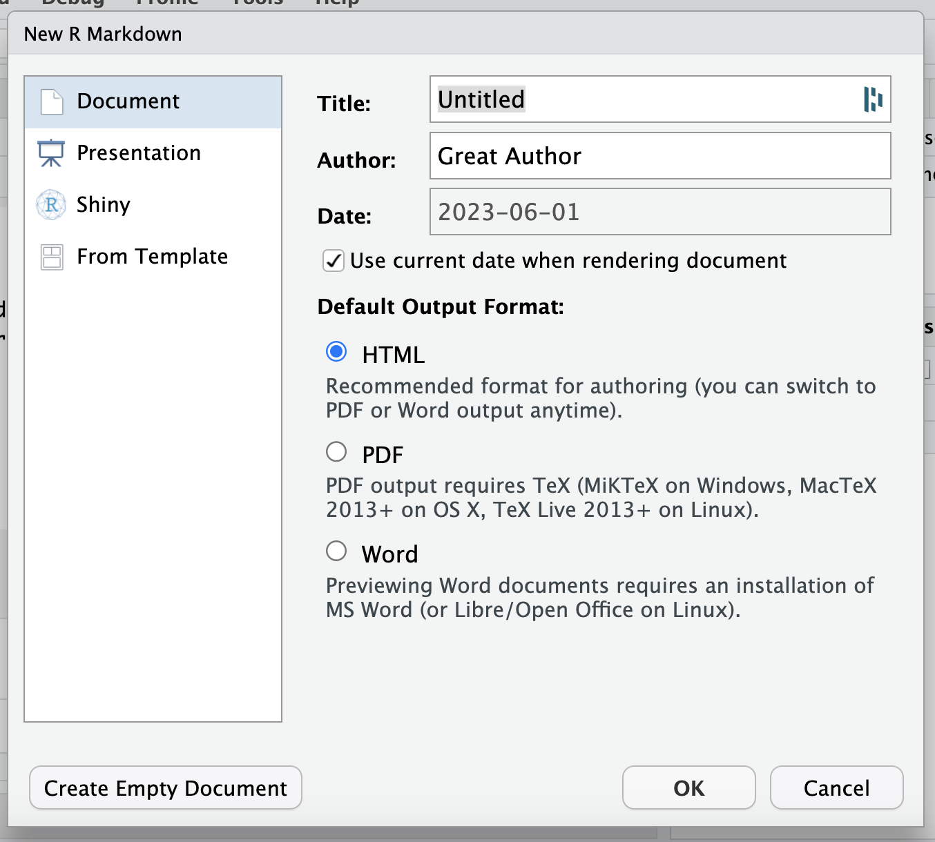 Creating a new RMarkdown document